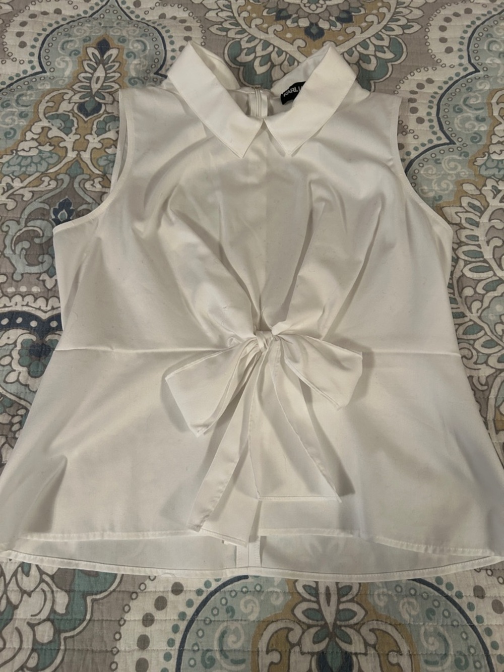 Karl Lagerfeld White Sleeveless Tie-Front Collared Blouse